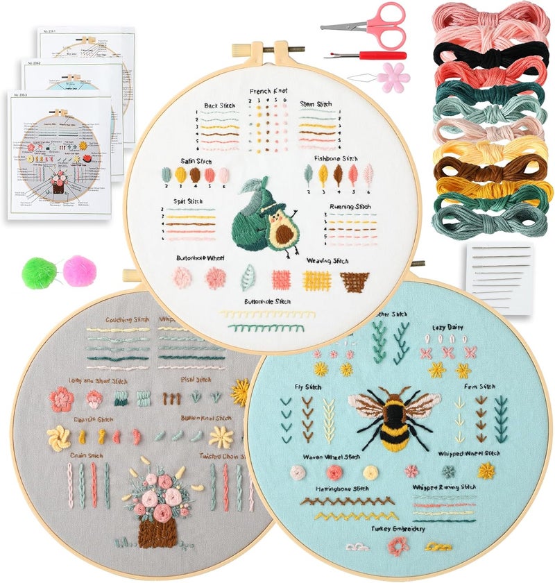 JOINRUN Beginner Embroidery Kit for Adults, 3 Pack Cross Stitch Kits with Pre-Printed Patterns, Threads, Needles, Learn Stitches with 7.8" Hoop, Video Tutorial, DIY Needlework Craft Gift for Women - Image 1